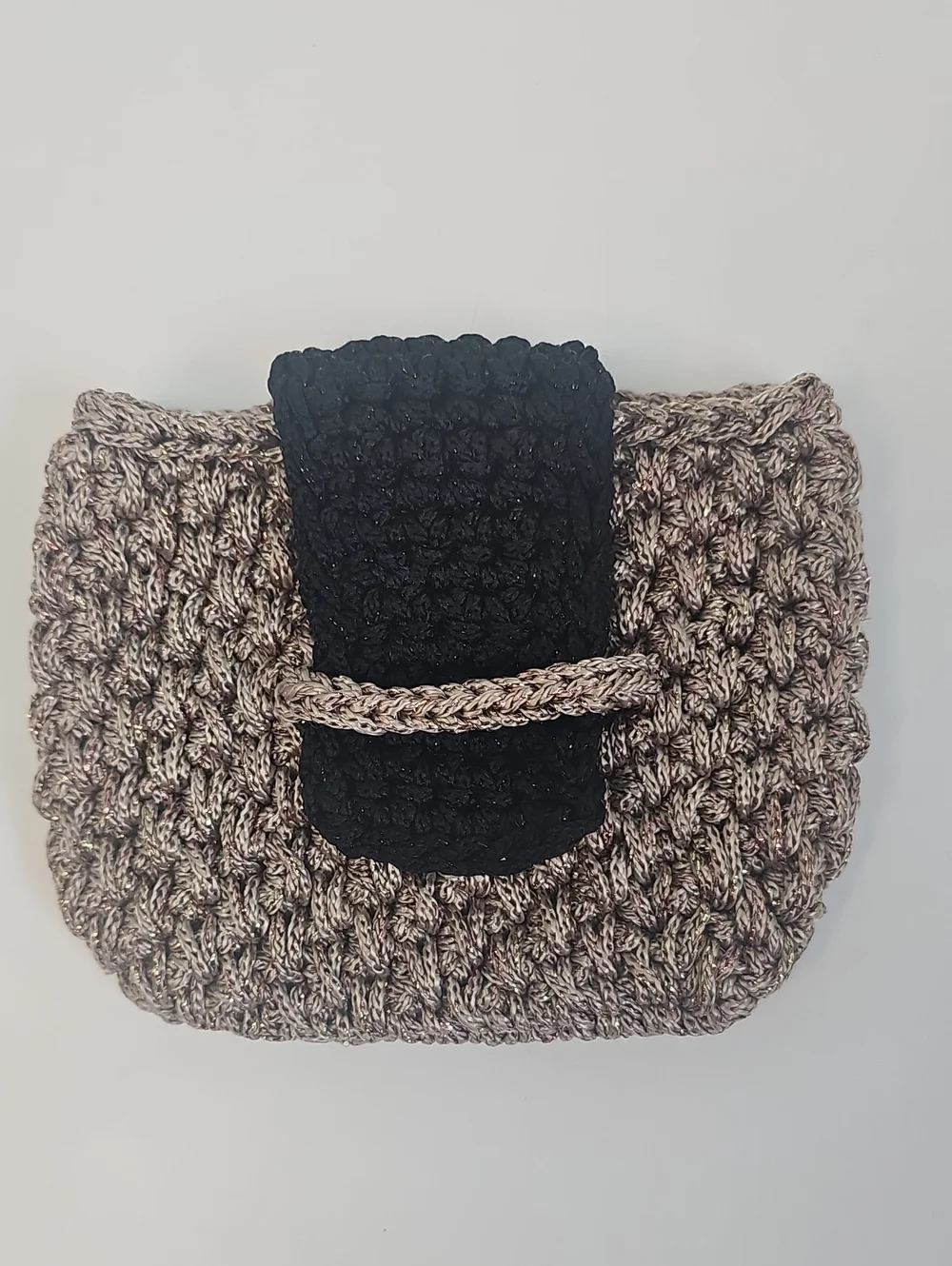 Hand Knit Mini Clutch Purse Gold & Copper Metallic w Brown Flap